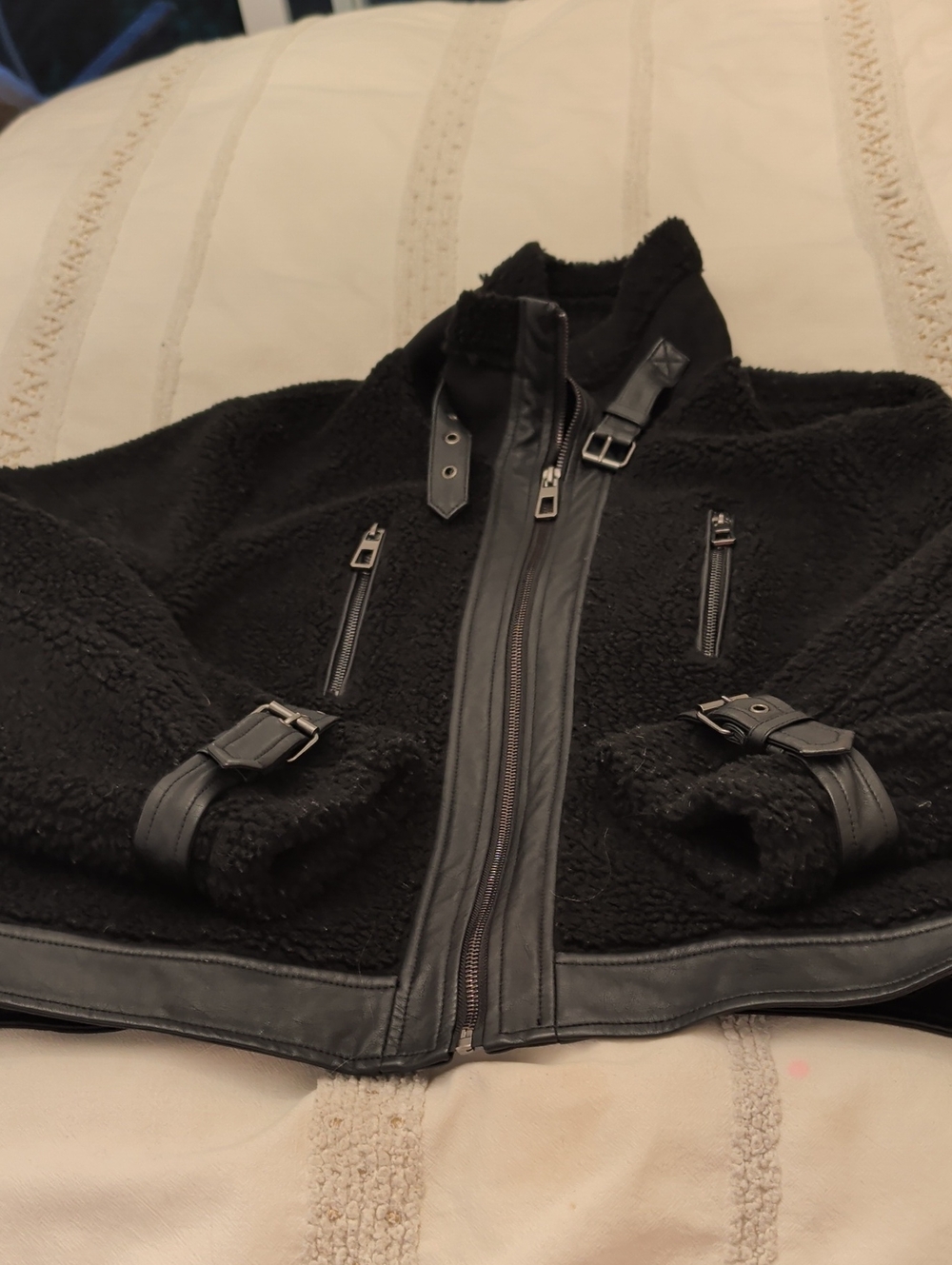 Only Black Sherpa Bomber Jacket with Leather Trim